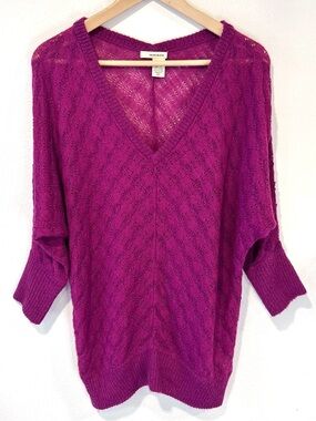 DKNY Fuchsia Metallic Glitter Dolman Sweater Lightweight V-Neck Knit Size S